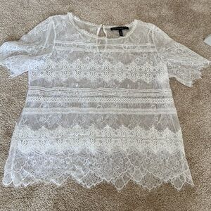 WHBM White Lace Top Blouse L Sheer Boho Romantic Shabby Chic Etherial